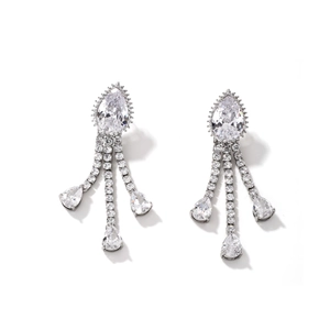 Elegant silver tassel drop earrings with cubic zirconia water drop pendants on white background
