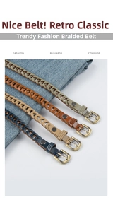 Detailed view of four woven cowhide leather belts with vintage gold metal buckles in various colors