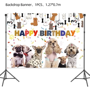 Dog paw themed happy birthday backdrop banner with realistic puppy photos, 1.27x0.7m