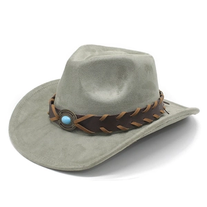 Detail of grey faux suede jazz hat with brown woven band and turquoise stone accent