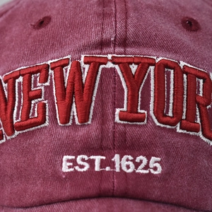 Vintage washed wine red baseball cap with 3D New York embroidery and EST.1625 text