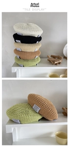 Macro shot of breathable straw beret textures in multiple colors with stylish fabric label