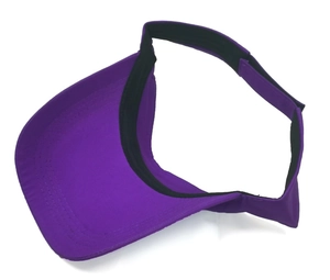 Top view of purple cotton sun visor with adjustable hook and loop strap for sports