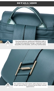 Detail of teal leather backpack showing neat reinforced stitching and gold metal buckle