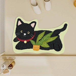 Absorbent cartoon black cat bathroom rug with soft non-slip texture in vibrant colors