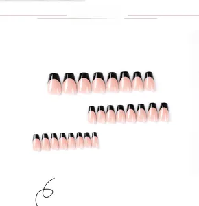 Detailed set of 24 pieces French tip press-on nails with black edges on nude pink base