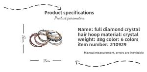 Detail showing various colors of luxury crystal padded headbands with dimensions 17x15cm