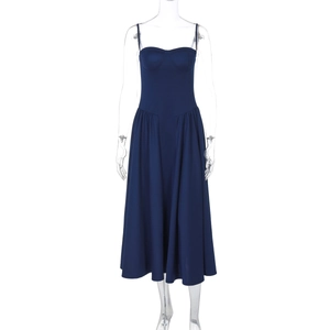 Detailed front view of navy blue backless slip midi dress on a transparent mannequin