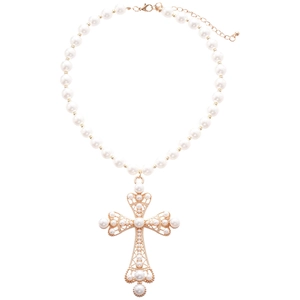 Baroque style cross necklace with pearls and gold hollowed pendant for women