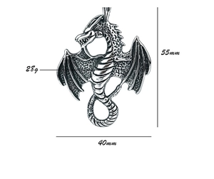 Detailed specs of dragon pendant showing 55mm height and 40mm width with 28g weight
