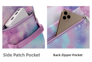 Détail du sac de voyage avec poche latérale pour batterie et poche zippée antivol au dos