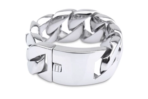 Detail shot of a silver Cuban link ring with a polished metallic finish on white background