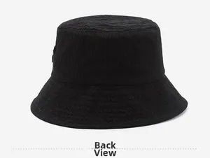 Back view of a black bucket hat showing pleated fabric texture and structured design