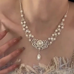 Baroque Layered Artificial Pearl Necklace With Rhinestone Teardrop Pendant Vintage French Style Alloy Jewelry For Women