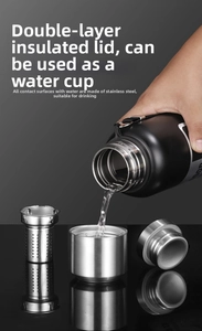 Detail showing double-layer insulated lid and stainless steel filter of the black vacuum flask