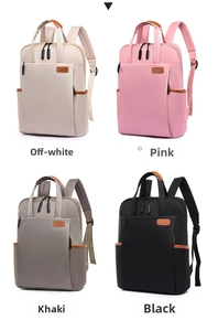 Detailed grid view of minimalist backpacks in white, pink, khaki, and black colors