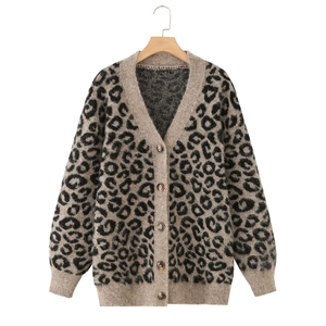 Cardigan En Tricot À Imprimé Léopard Col En V Boutonné Manches Longues Mélange Alpaga Coupe Ample Mode Femme