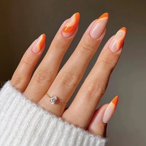 Press On Nägel Mandelform Orange Französisches Wellenmuster Glänzende Künstliche Fingernägel Für Damen Elegant Minimalistisch