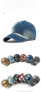 Detail of faded washed denim baseball caps showing gradient texture and stitching