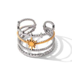 Detail of mixed-metal multi-layer ring featuring a sunburst motif and beaded texture