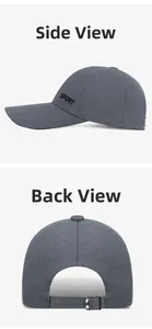 Detail view of dark grey sport cap showing side embroidery and adjustable metal buckle