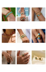 Collage aus vergoldetem Edelstahlschmuck-Set mit blauen und roten Türkis-Steinen
