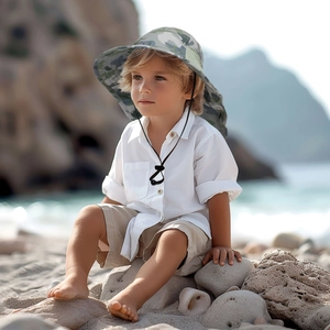 Detail of kids quick-dry camo sun hat with wide brim and adjustable chin strap
