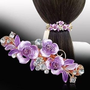 Pince À Cheveux Fleurie Alliage Strass Émail Fleur Barrette Rétro Pince À Ressort Pour Femme Accessoire Coiffure