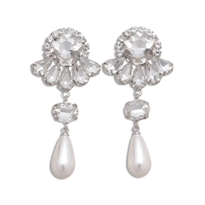 Baroque silver earrings with crystal flowers and white teardrop pearls for women