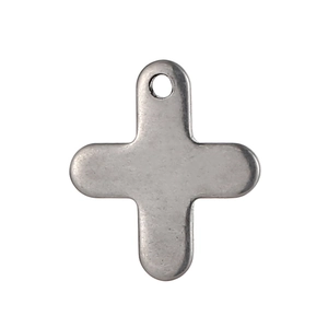 Polished silver stainless steel cross pendant with rounded edges on white background