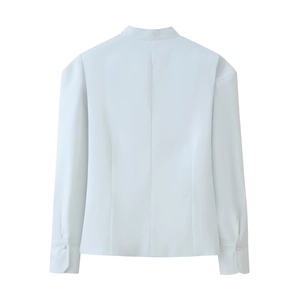 Elegant white long sleeve V-neck fitted blouse for women showing the back view layout