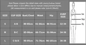 Detailed size chart for bikini set including bust, waist and hip measurements in centimeters
