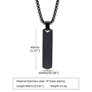 Technical dimensions of 40x10mm black stainless steel bar pendant on 60cm long chain