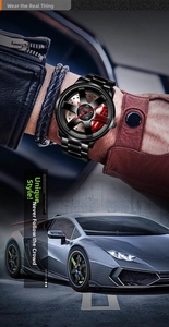 Detail of creative car wheel rim watch for men with black steel strap and red brake caliper