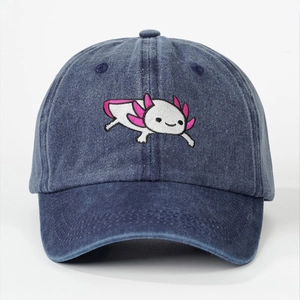 Faded navy denim baseball cap with cute pink axolotl embroidery on front