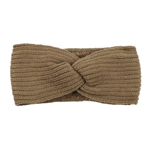 Detail of brown knitted winter headband showing thick cable pattern and warm fleece lining
