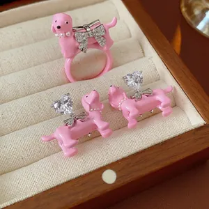 Pink Dog Jewelry Earrings And Ring Copper Heart Zircon Enamel Cute Animal Bow Artificial Pearl Necklace Accessories Women Girls