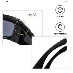 Detail view of strong hinges and comfortable temple tips of black futuristic sunglasses