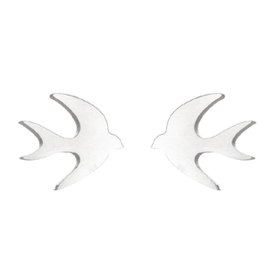 Detailed view of silver swallow bird stud earrings in minimalist stainless steel design