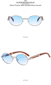 Macro views of retro oval silver sunglasses with blue gradient lenses and wood grain temples