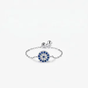 Evil Eye Chain Ring 925 Sterling Silver Adjustable Blue White Cubic Zirconia Minimalist Jewelry Women
