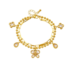 Double-layer gold plated stainless steel bracelet with butterfly and floral pendants