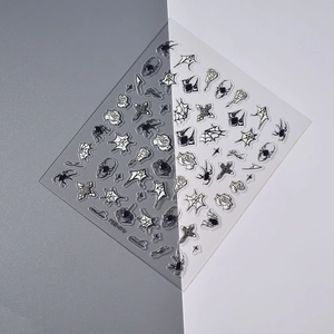 Detail of FEB-819 5D nail art stickers with black spider, web, and skull patterns