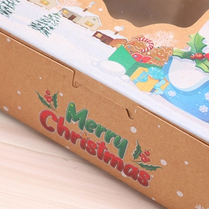 Christmas kraft paper gift box with snow house and gingerbread man patterns