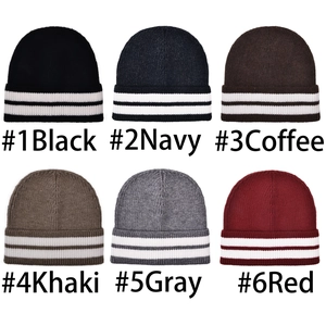 Thick wool knit beanie hats in six colors with classic double white striped cuffs
