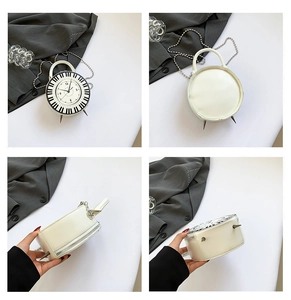 Detailed views of creative round handbag with vintage clock face and piano key patterns