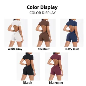 Collage of backless short sleeve yoga bodysuits in white, chestnut, navy, black and red
