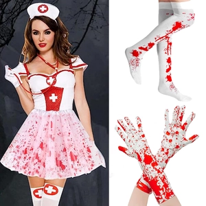 Detail view of blood-stained nurse costume set with hat, stockings and gloves