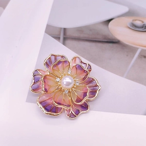 Exquisite enamel flower brooch with purple gradient petals and center pearl detail