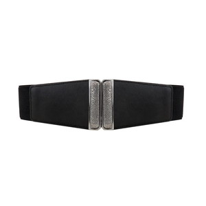 Women's black elastic wide waist belt with vintage embossed silver metal buckle